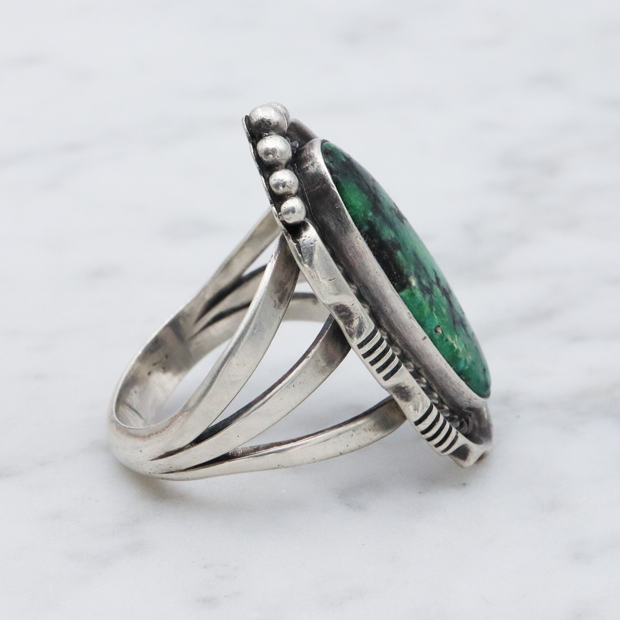 Native American sterling silver green turquoise navette ring , sz 7.5